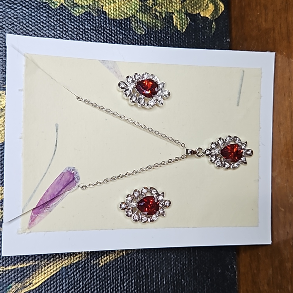 Pear Shaped Created Ruby And Diamond Necklace And… - image 1